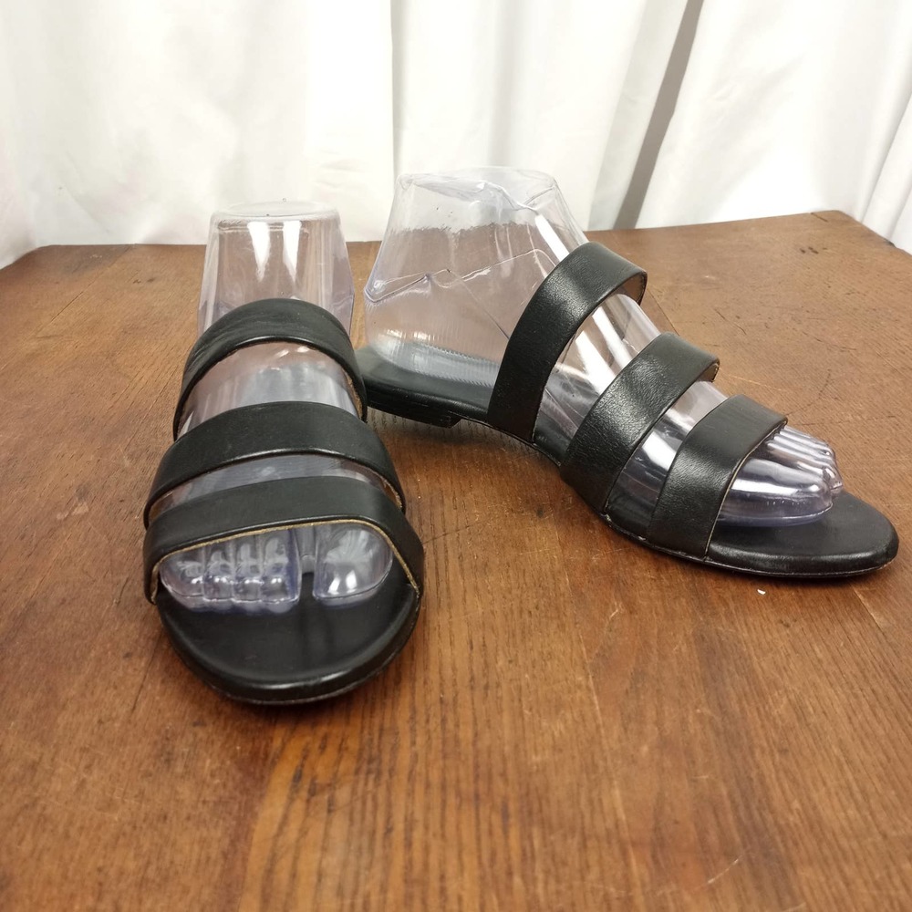 NISOLO Black Leather 3 Strap Slide Sandals  7